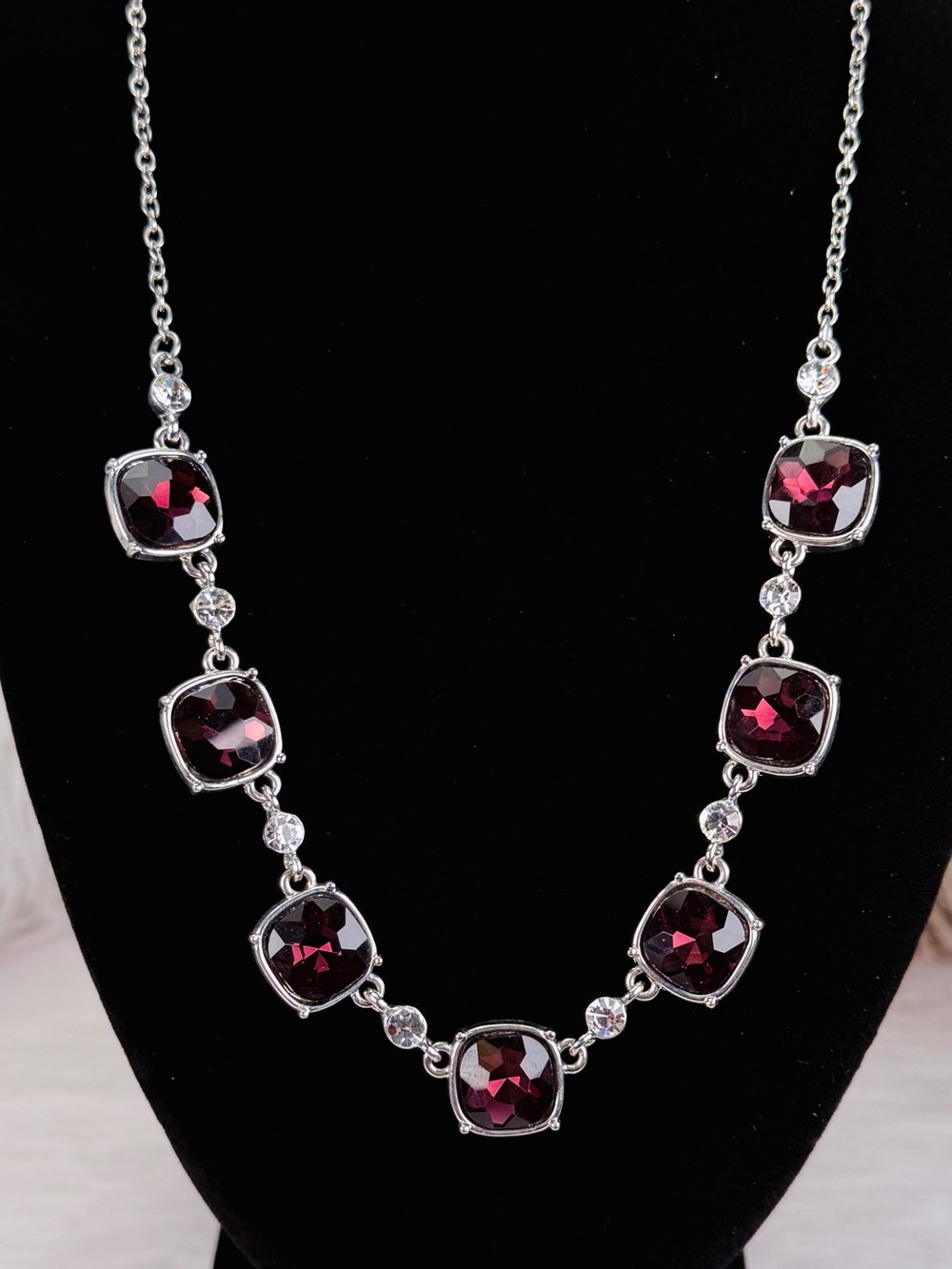 Faceted Deep Burgundy Statement Necklace Silver Tone Formal Evening Jewelry